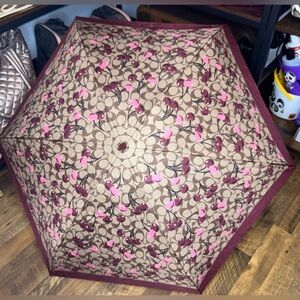 Coach Cherry Print Umbrella in Pink, Burgundy, gold, and Brown